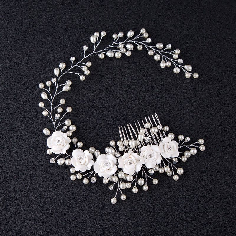 image-Korean version of crystal metal pearl hair comb rhinestone silk flower comb headdress European style noble and elegant bridal hair accessories