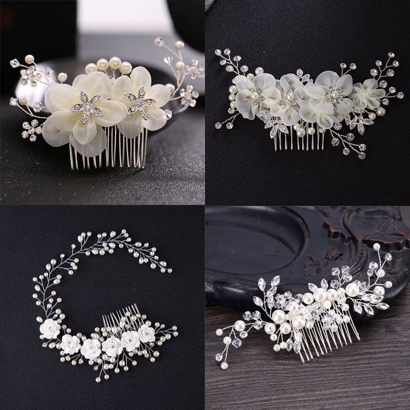 image-Korean version of crystal metal pearl hair comb rhinestone silk flower comb headdress European style noble and elegant bridal hair accessories