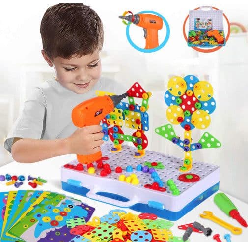 image-Cross-border children's electric drill assembling building blocks screwing toolbox nut combination disassembly puzzle toy spot