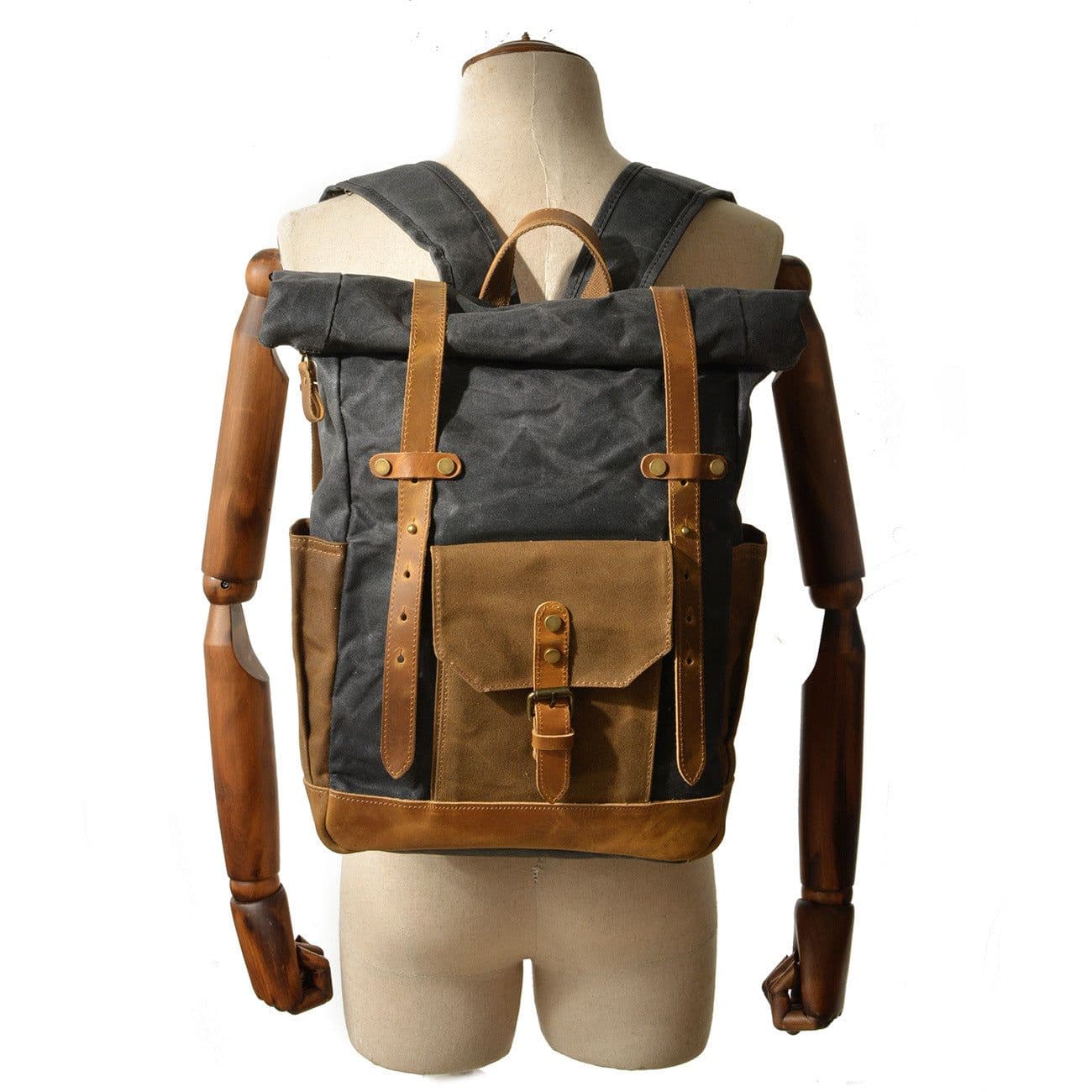 image-Retro hit color oil wax waterproof canvas travel backpack computer school bag large capacity outdoor ladies backpack men's bag