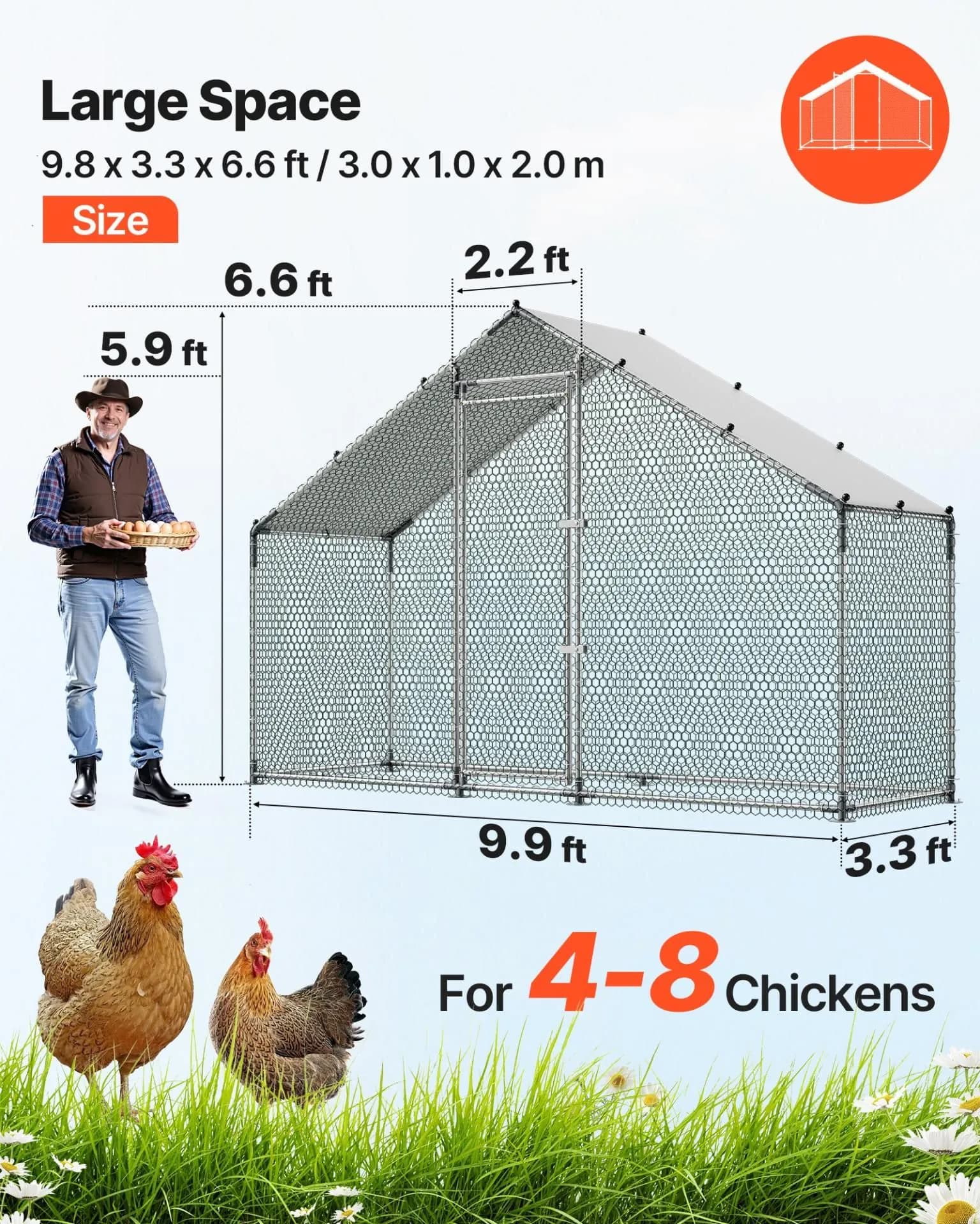 image-VEVOR Metal Chicken Coop - 9.8 x 3.3 x 6.6 ft Walk-in Run