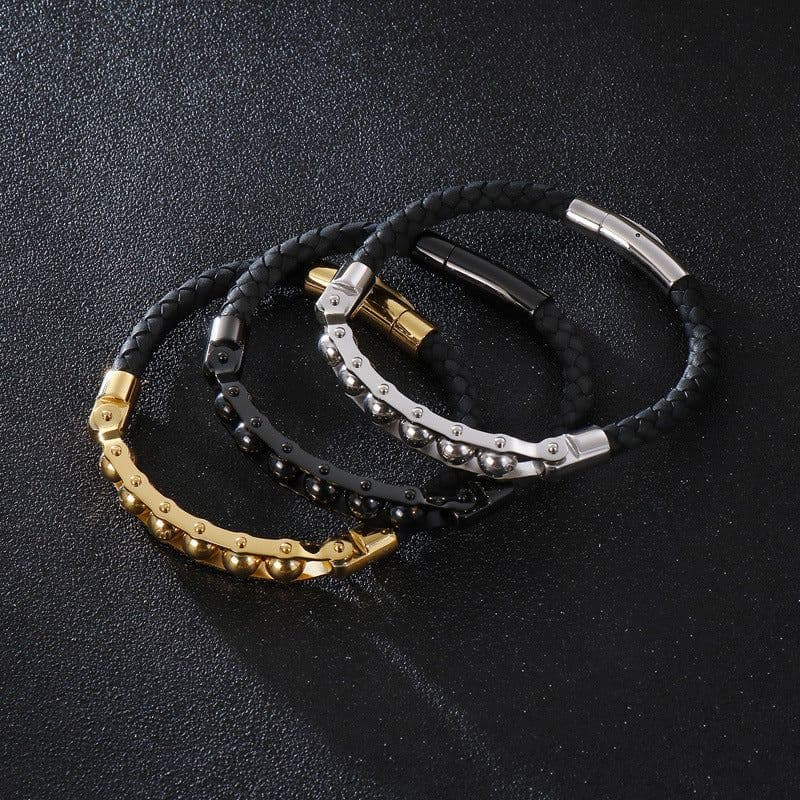 image-Men's Rotatable Stainless Steel Braided Leather Bracelet