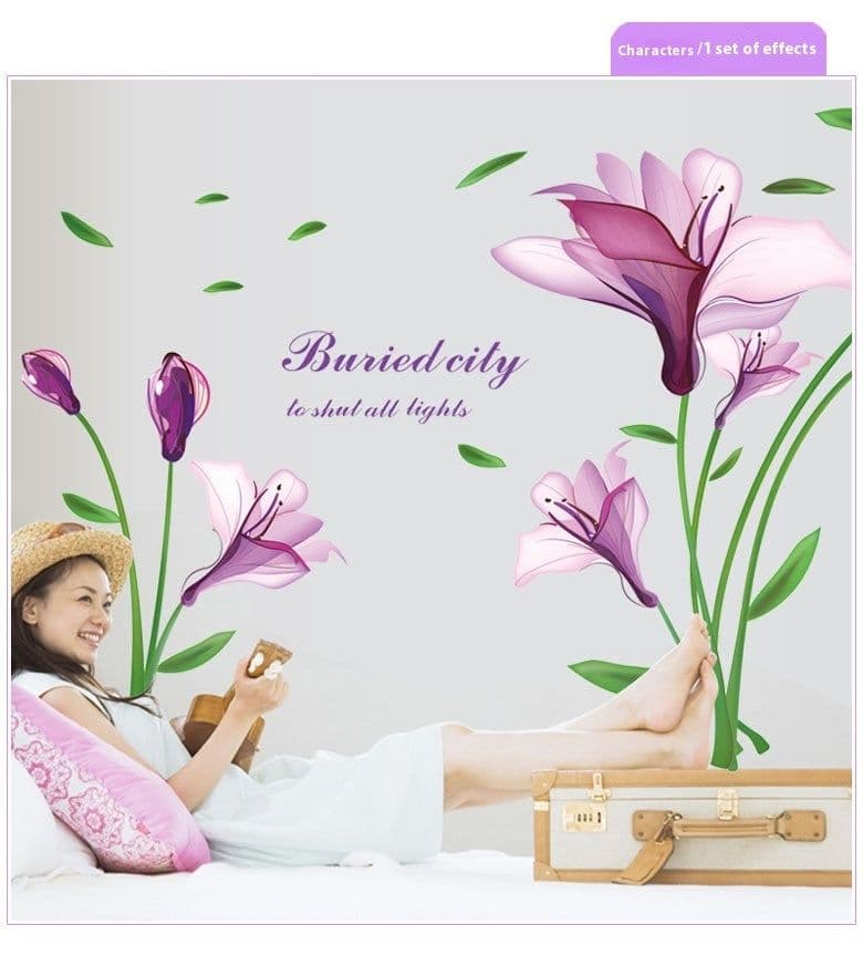 image-Wall Sticker Purple Flower Self-adhesive Romantic TV Wall Decoration Removable