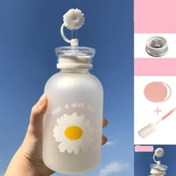image-Glass Water Bottle with Straw Creative Daisy Frosted Transparent Cup Leakproof Portable Drinking Bottle with a Sealing Cap Lid