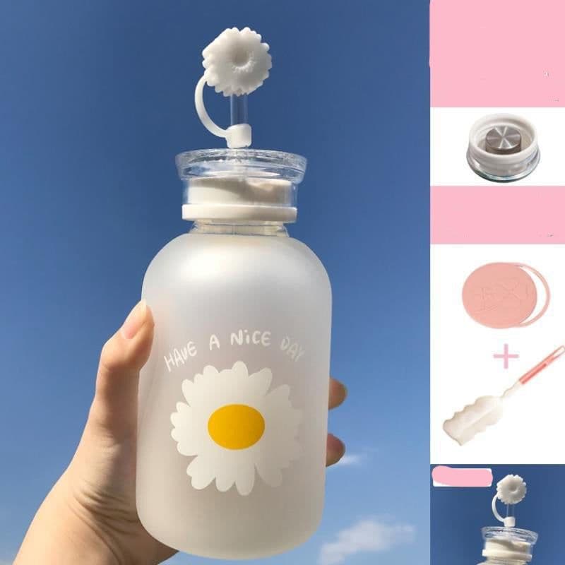 image-Glass Water Bottle with Straw Creative Daisy Frosted Transparent Cup Leakproof Portable Drinking Bottle with a Sealing Cap Lid