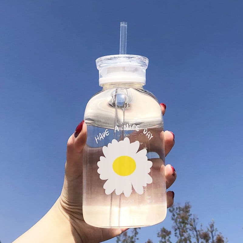image-Glass Water Bottle with Straw Creative Daisy Frosted Transparent Cup Leakproof Portable Drinking Bottle with a Sealing Cap Lid