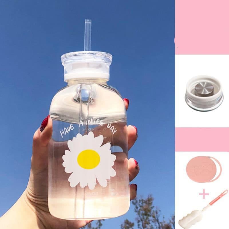 image-Glass Water Bottle with Straw Creative Daisy Frosted Transparent Cup Leakproof Portable Drinking Bottle with a Sealing Cap Lid