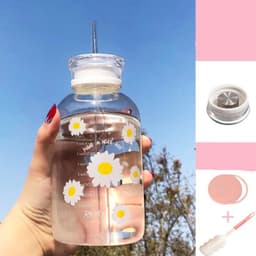 image-Glass Water Bottle with Straw Creative Daisy Frosted Transparent Cup Leakproof Portable Drinking Bottle with a Sealing Cap Lid
