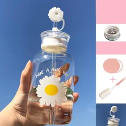 image-Glass Water Bottle with Straw Creative Daisy Frosted Transparent Cup Leakproof Portable Drinking Bottle with a Sealing Cap Lid