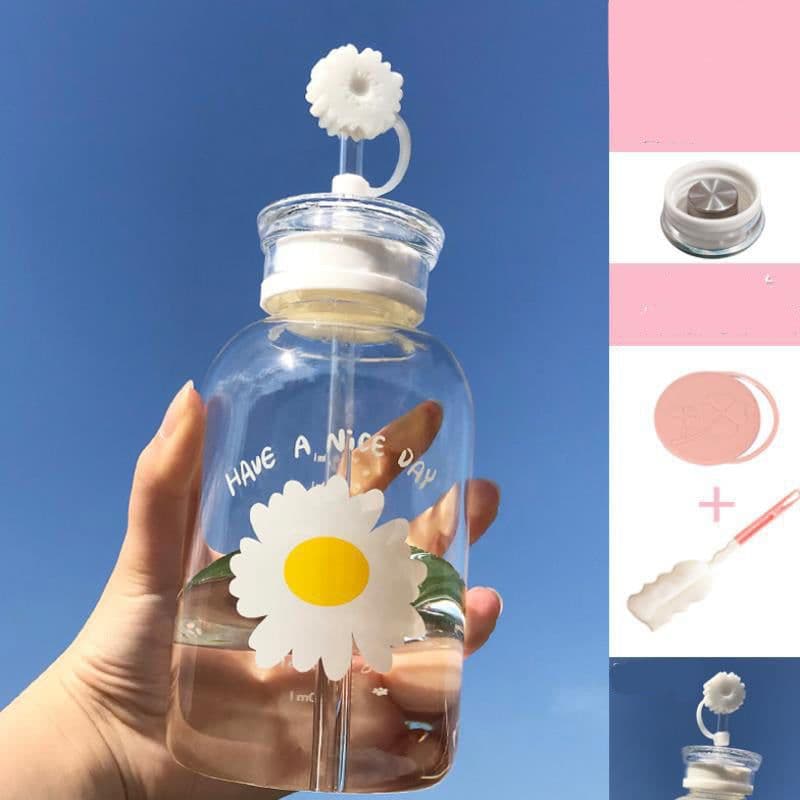 image-Glass Water Bottle with Straw Creative Daisy Frosted Transparent Cup Leakproof Portable Drinking Bottle with a Sealing Cap Lid