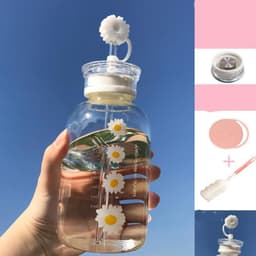 image-Glass Water Bottle with Straw Creative Daisy Frosted Transparent Cup Leakproof Portable Drinking Bottle with a Sealing Cap Lid