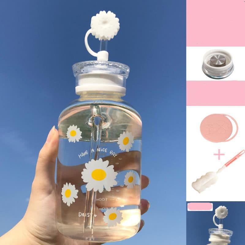 image-Glass Water Bottle with Straw Creative Daisy Frosted Transparent Cup Leakproof Portable Drinking Bottle with a Sealing Cap Lid
