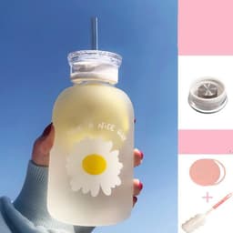 image-Glass Water Bottle with Straw Creative Daisy Frosted Transparent Cup Leakproof Portable Drinking Bottle with a Sealing Cap Lid