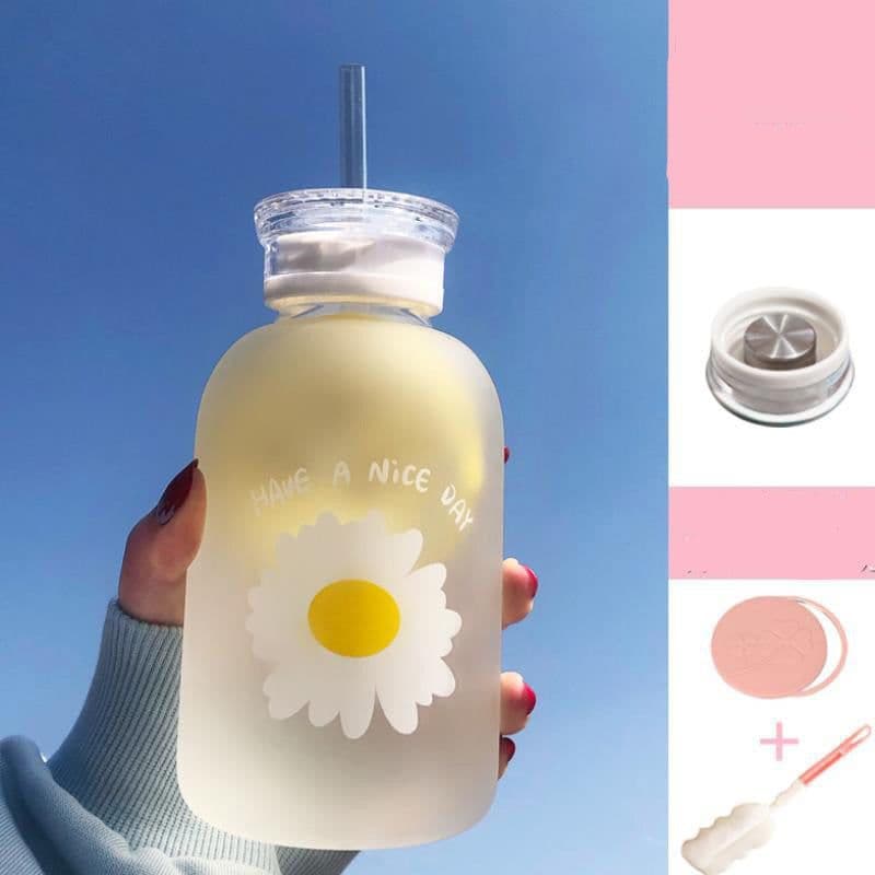 image-Glass Water Bottle with Straw Creative Daisy Frosted Transparent Cup Leakproof Portable Drinking Bottle with a Sealing Cap Lid