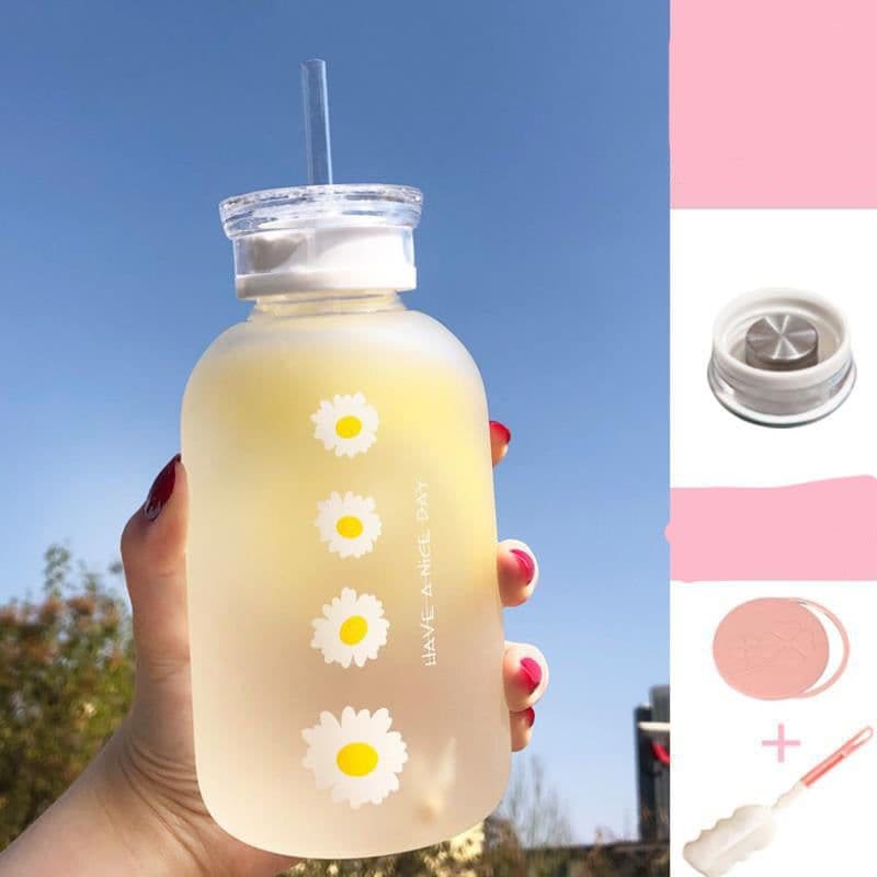 image-Glass Water Bottle with Straw Creative Daisy Frosted Transparent Cup Leakproof Portable Drinking Bottle with a Sealing Cap Lid