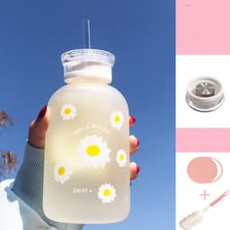 image-Glass Water Bottle with Straw Creative Daisy Frosted Transparent Cup Leakproof Portable Drinking Bottle with a Sealing Cap Lid