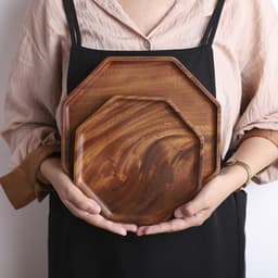 image-Japanese Style Wooden Solid Wood Log Octagonal Fruit Plate Tea Tray Walnut Household Water Cup Tray Meal Plate