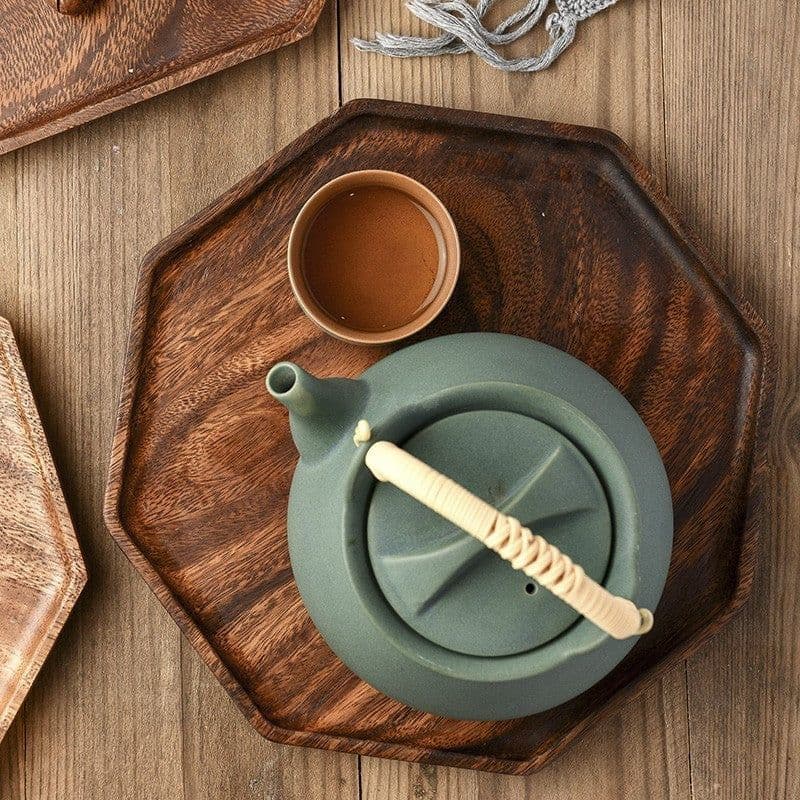 image-Japanese Style Wooden Solid Wood Log Octagonal Fruit Plate Tea Tray Walnut Household Water Cup Tray Meal Plate