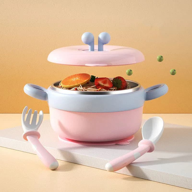 image-Baby Tableware Stainless Steel Bowl Baby Water Infusion Heat Preservation Bowl Supplementary Food Bowl Suction Cup Spoon Set