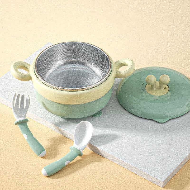 image-Baby Tableware Stainless Steel Bowl Baby Water Infusion Heat Preservation Bowl Supplementary Food Bowl Suction Cup Spoon Set