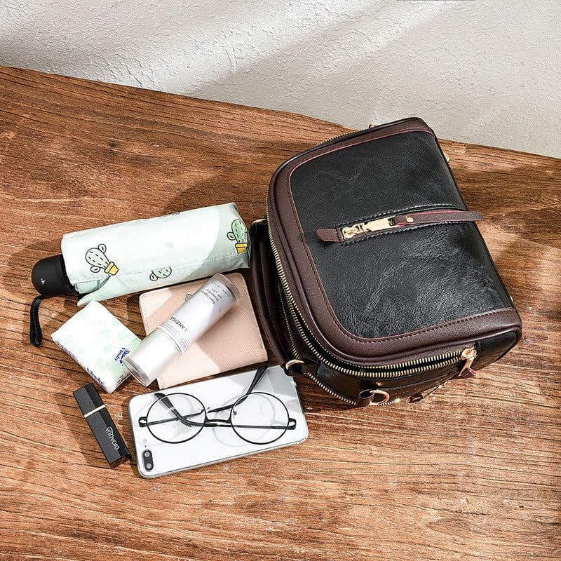 image-Shichen Messenger Bag - Black PU Oval Retro