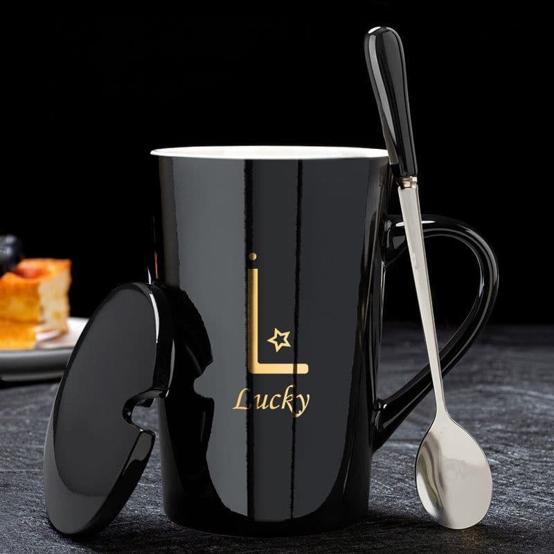 image-Couple Cup Ceramic Cup With Lid Spoon Mug Office Water Cup