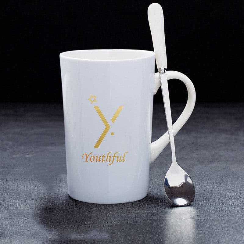 image-Couple Cup Ceramic Cup With Lid Spoon Mug Office Water Cup
