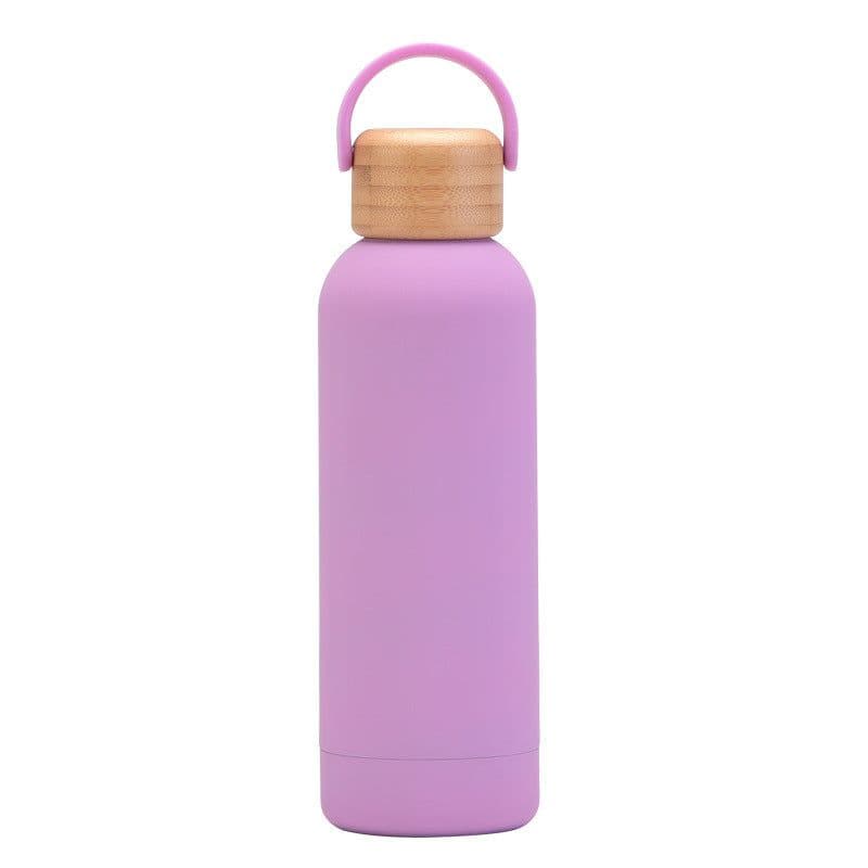 image-500ml Small Mouth Vacuum Cup Portable Handle Bamboo Wood Cover Water Cup Water Bottle