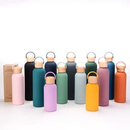 image-500ml Small Mouth Vacuum Cup Portable Handle Bamboo Wood Cover Water Cup Water Bottle