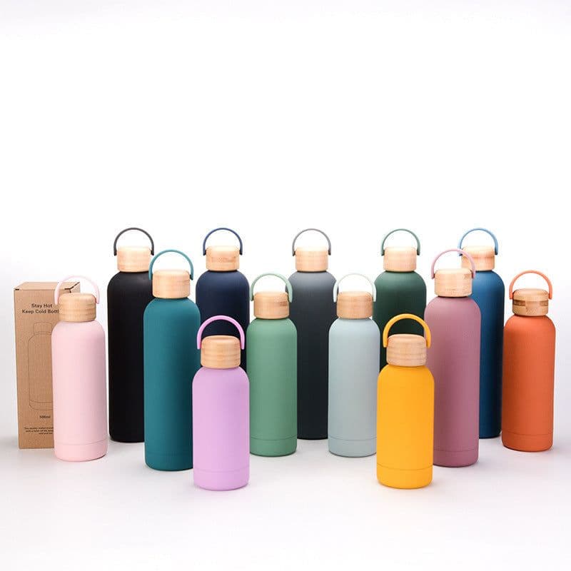 image-500ml Small Mouth Vacuum Cup Portable Handle Bamboo Wood Cover Water Cup Water Bottle
