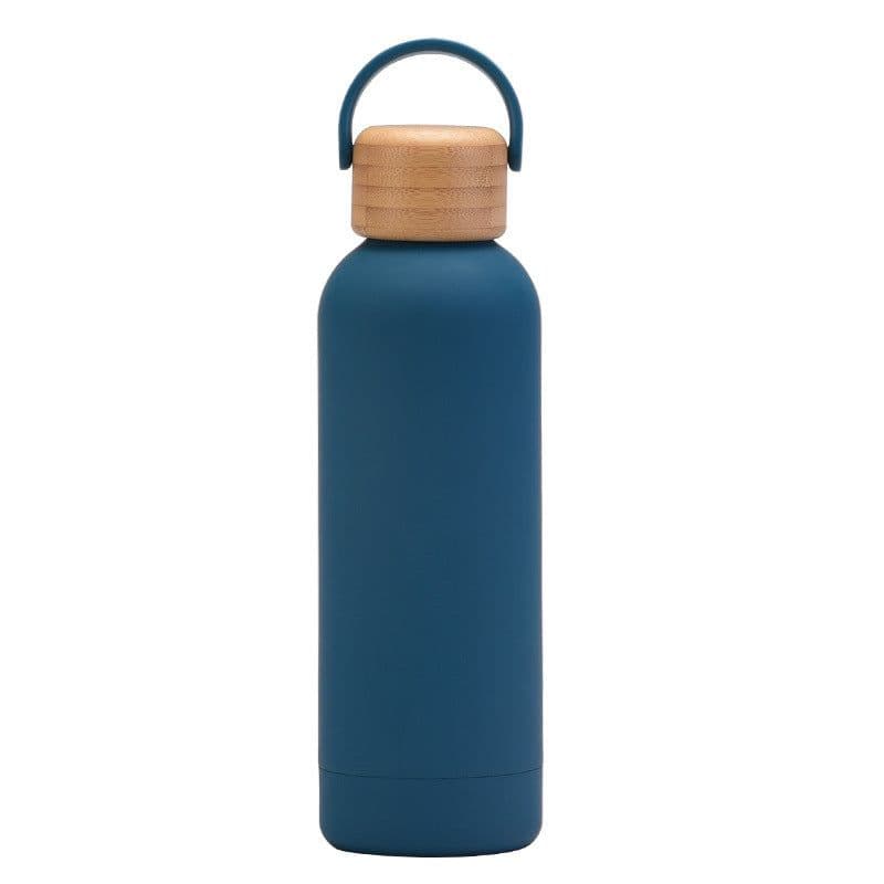 image-500ml Small Mouth Vacuum Cup Portable Handle Bamboo Wood Cover Water Cup Water Bottle