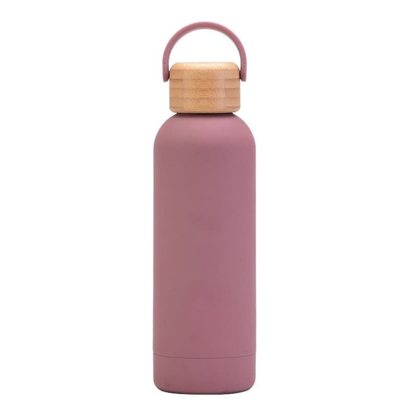 image-500ml Small Mouth Vacuum Cup Portable Handle Bamboo Wood Cover Water Cup Water Bottle