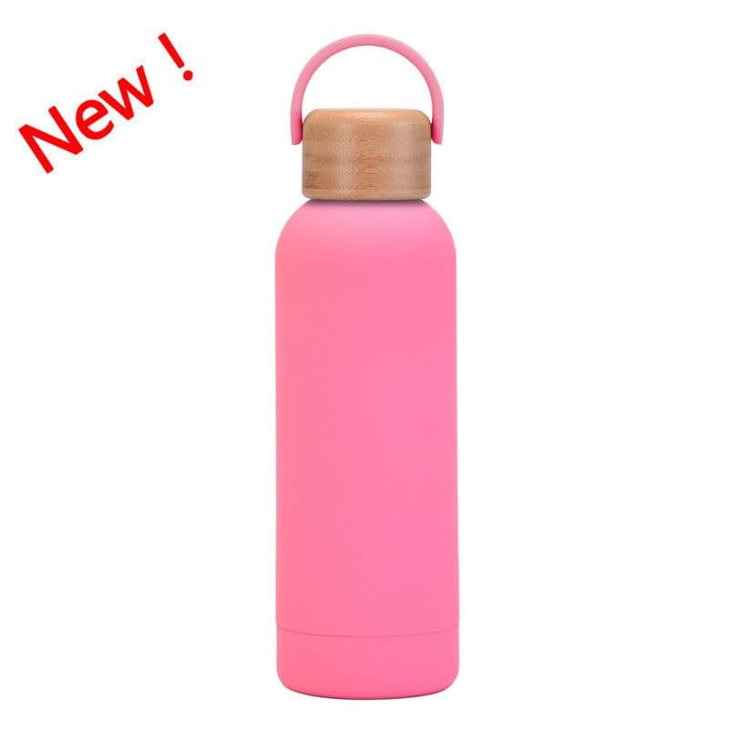 image-500ml Small Mouth Vacuum Cup Portable Handle Bamboo Wood Cover Water Cup Water Bottle