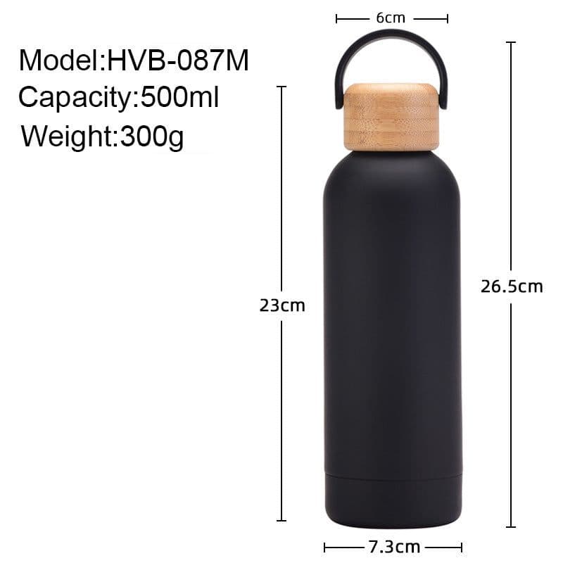 image-500ml Small Mouth Vacuum Cup Portable Handle Bamboo Wood Cover Water Cup Water Bottle