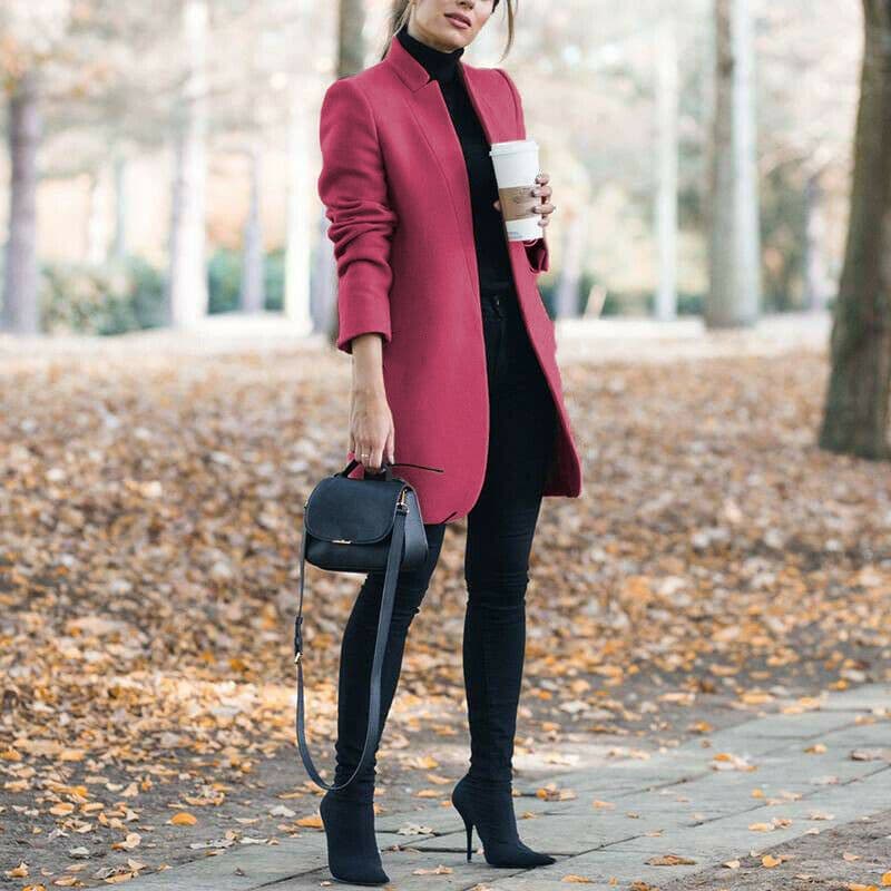 image-Autumn And Winter New Style European And American Fashion Solid Color Stand-Up Collar Woolen Blazer