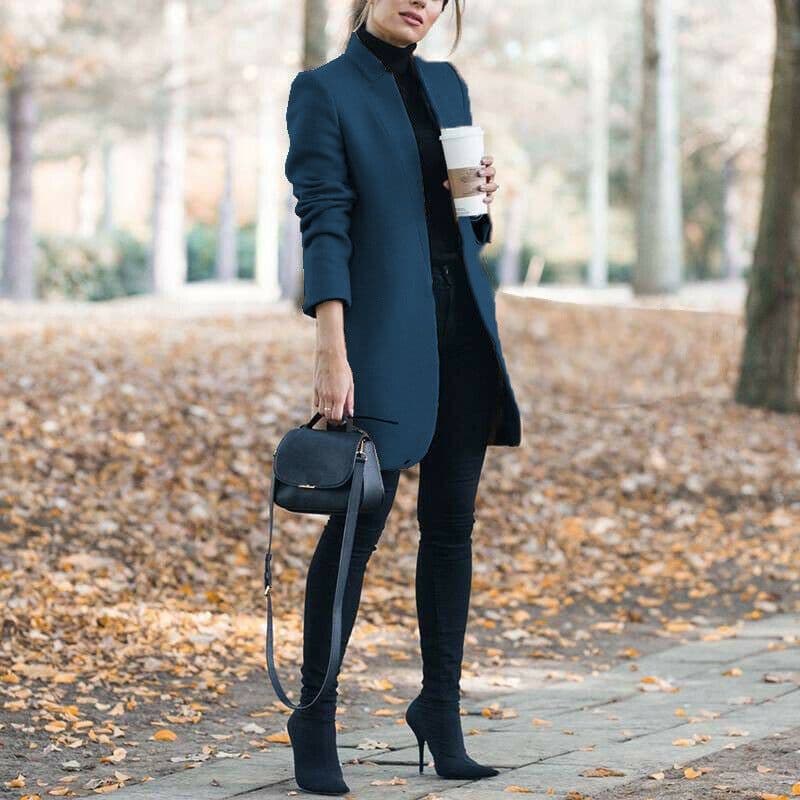 image-Autumn And Winter New Style European And American Fashion Solid Color Stand-Up Collar Woolen Blazer