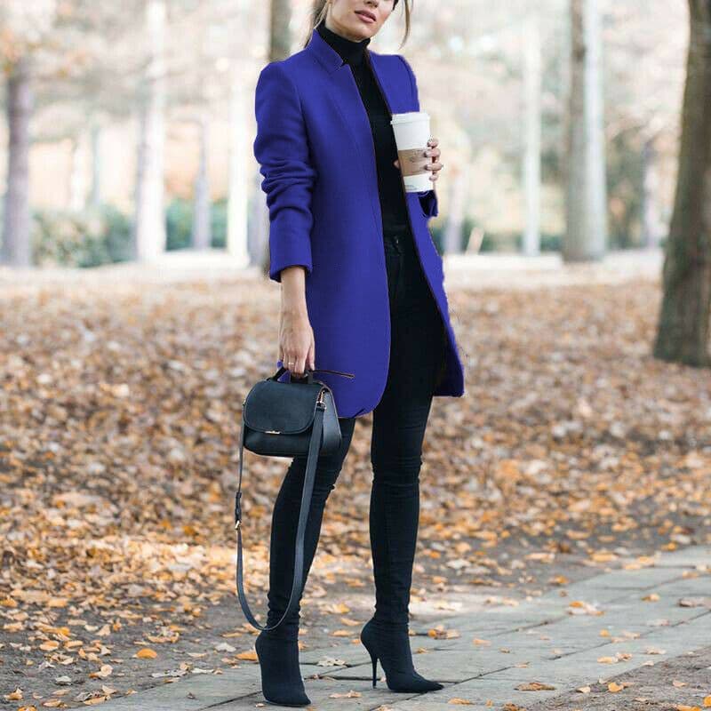 image-Autumn And Winter New Style European And American Fashion Solid Color Stand-Up Collar Woolen Blazer