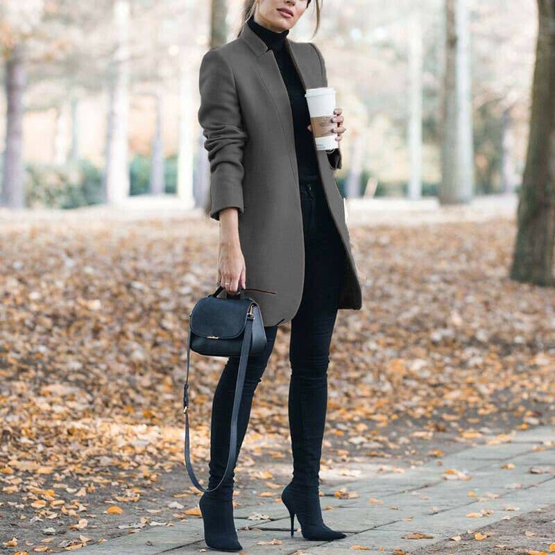 image-Autumn And Winter New Style European And American Fashion Solid Color Stand-Up Collar Woolen Blazer