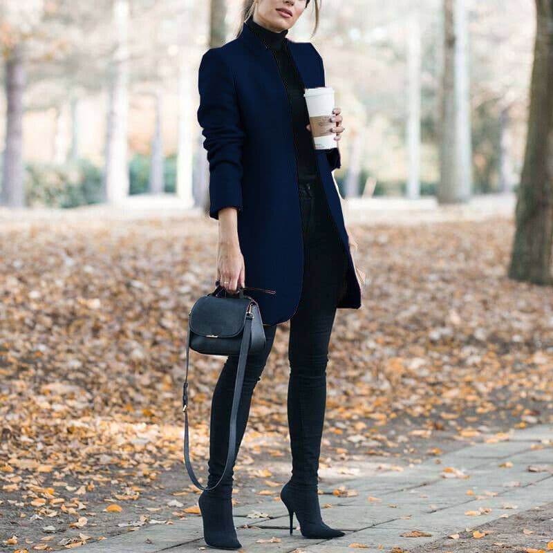 image-Autumn And Winter New Style European And American Fashion Solid Color Stand-Up Collar Woolen Blazer
