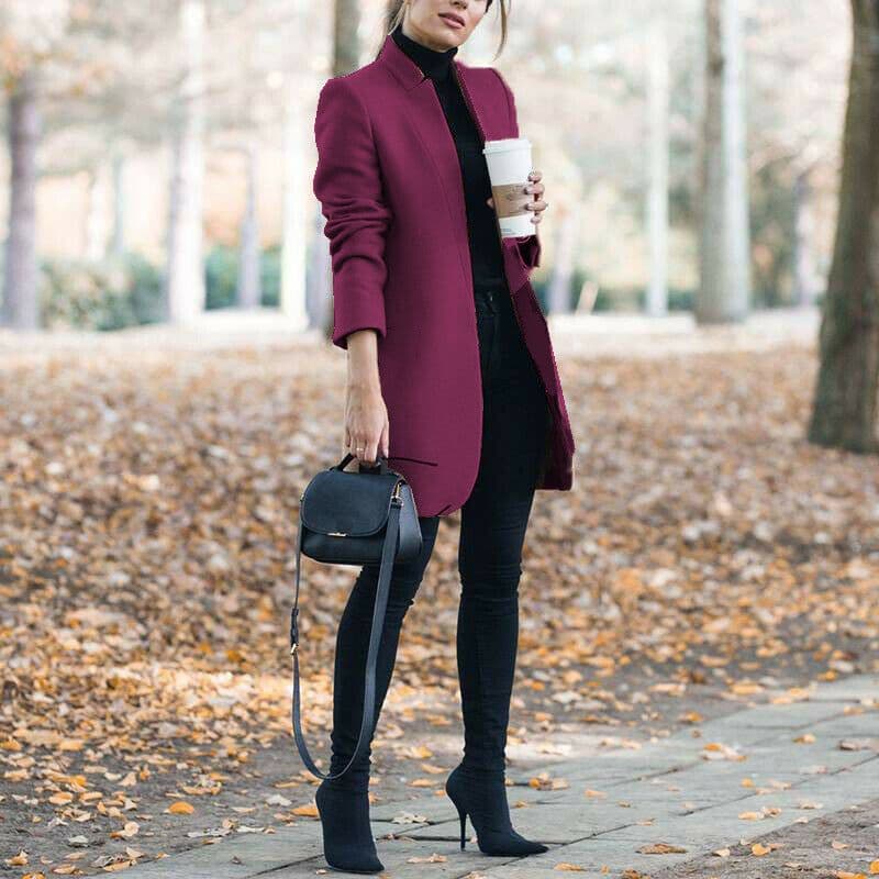 image-Autumn And Winter New Style European And American Fashion Solid Color Stand-Up Collar Woolen Blazer