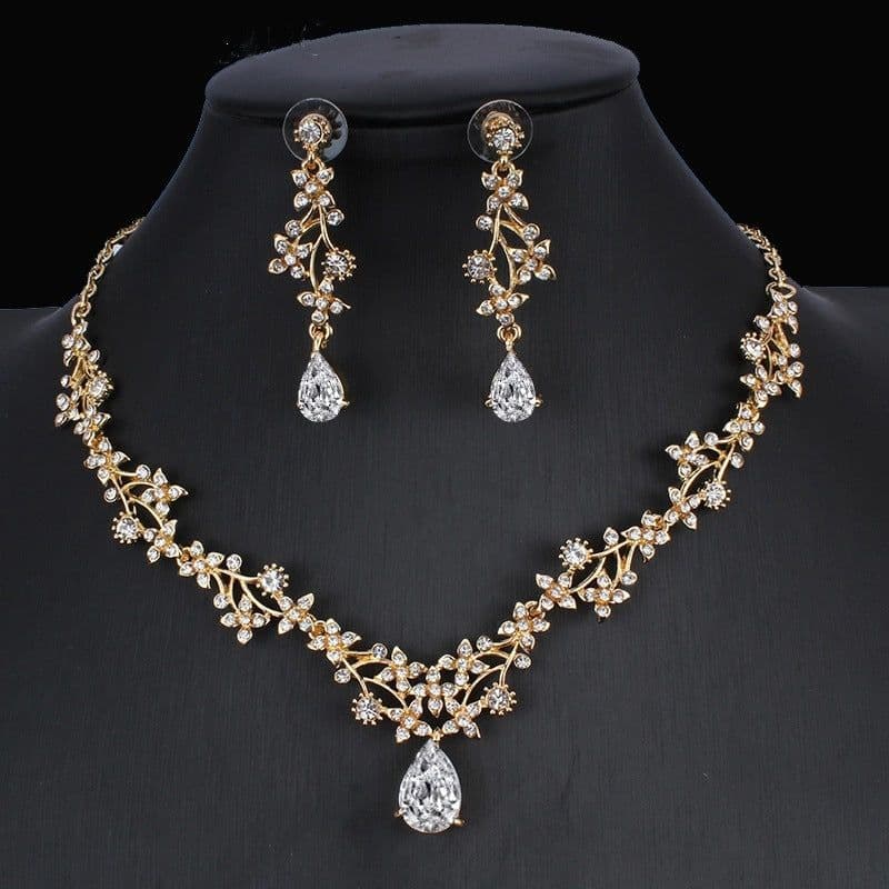 image-Golden Zircon Jewelry Set Bridal Necklace Earrings Wedding Two-piece Set