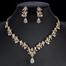 image-Golden Zircon Jewelry Set Bridal Necklace Earrings Wedding Two-piece Set