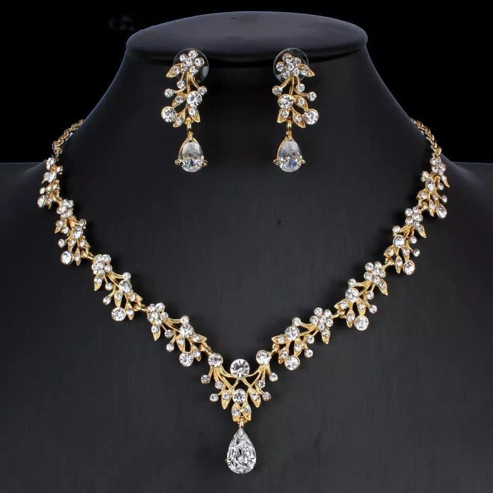 image-Golden Zircon Jewelry Set Bridal Necklace Earrings Wedding Two-piece Set