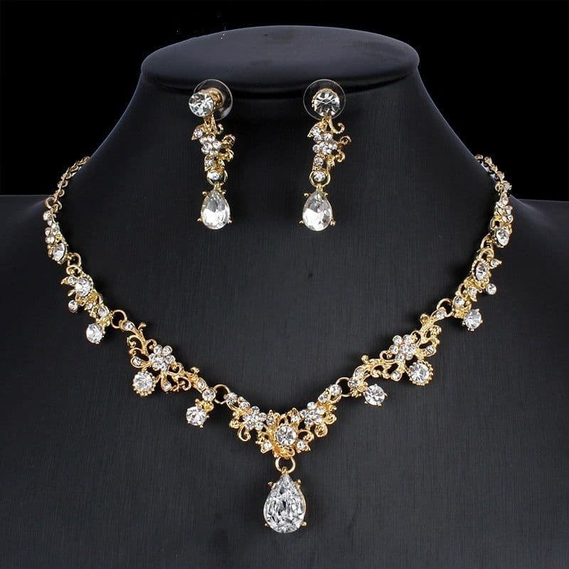 image-Golden Zircon Jewelry Set Bridal Necklace Earrings Wedding Two-piece Set