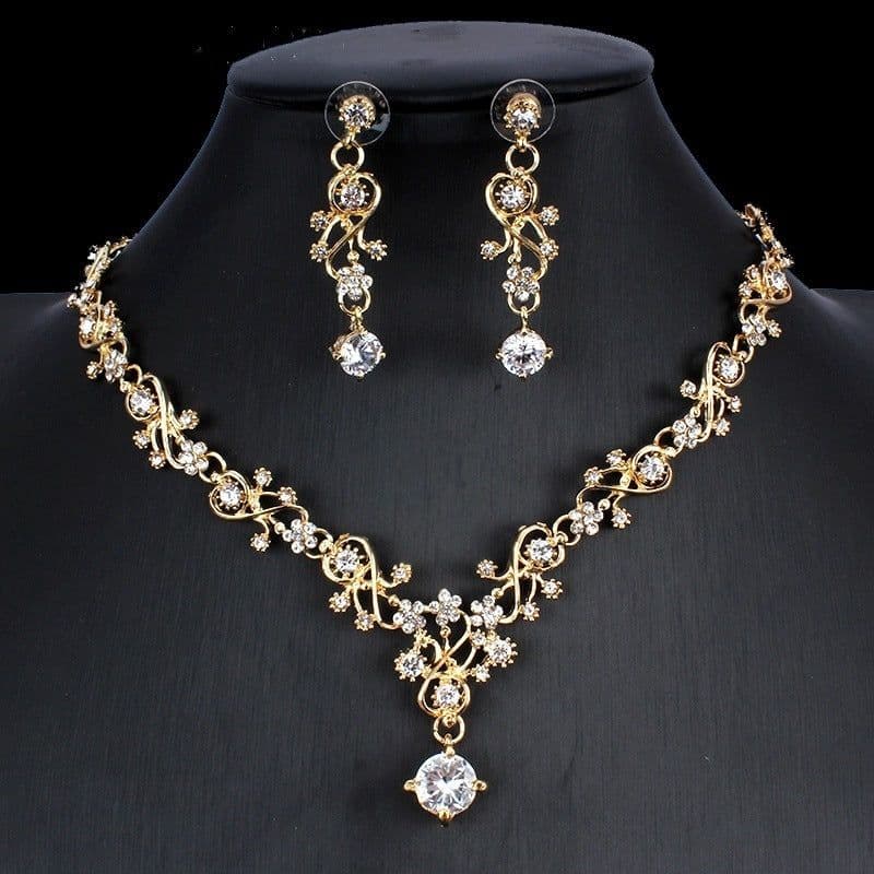image-Golden Zircon Jewelry Set Bridal Necklace Earrings Wedding Two-piece Set