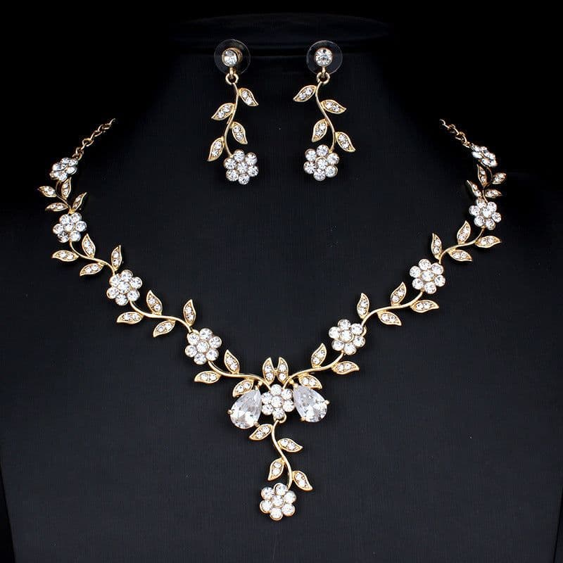 image-Golden Zircon Jewelry Set Bridal Necklace Earrings Wedding Two-piece Set