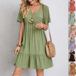 image-V-neck Short Sleeve Dress Summer Fashion Casual Loose Ruffled Dresses Beach Clothing Women