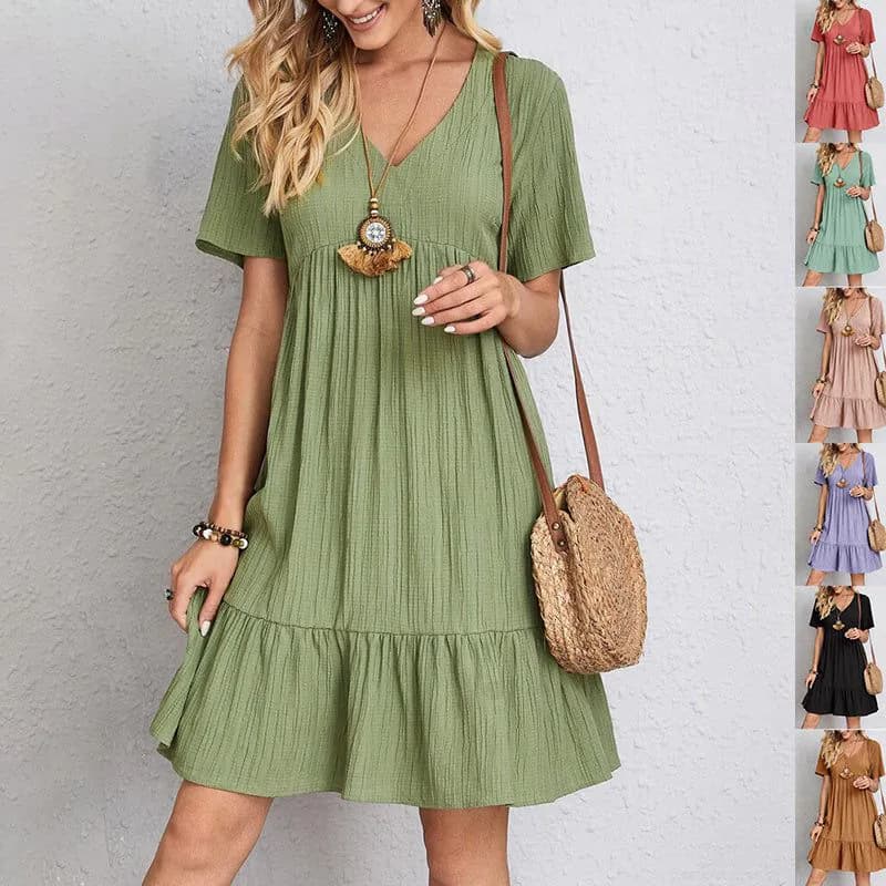 image-V-neck Short Sleeve Dress Summer Fashion Casual Loose Ruffled Dresses Beach Clothing Women