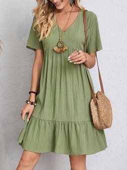 image-V-neck Short Sleeve Dress Summer Fashion Casual Loose Ruffled Dresses Beach Clothing Women