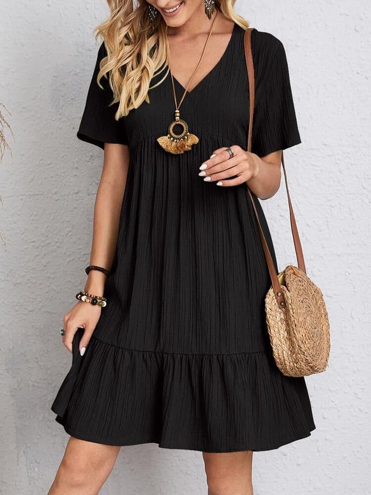 image-V-neck Short Sleeve Dress Summer Fashion Casual Loose Ruffled Dresses Beach Clothing Women